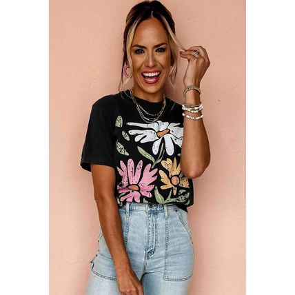 Black Retro Floral Print Crew Neck Casual T Shirt