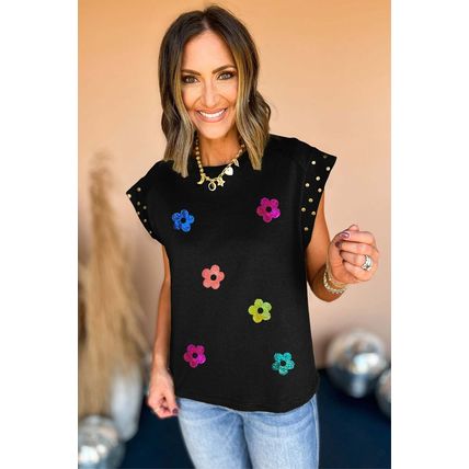 Black Shiny Flower Graphic Studded Cap Sleeve T Shirt