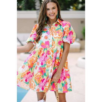 Pink Floral Puff Sleeve Collar Buttoned Babydoll Dress