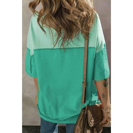 Bright Green Contrast Color Patchwork Half Button T Shirt