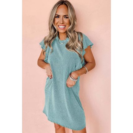 Aruba Blue Textured Ruffled Flutter Sleeve Mini Dress