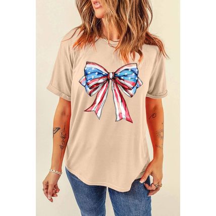 Khaki American Flag Bow Knot Print Round Neck T Shirt