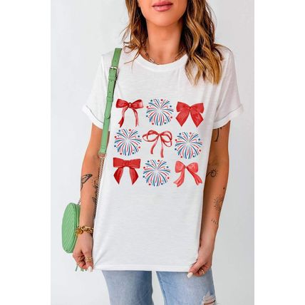 White July 4th Celerbration Bowknot Firework Graphic Tee