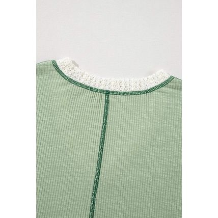 Grass Green Crochet Detail Exposed Seam High Low Loose Top