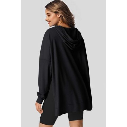 Black Waffle Knit Fleece Lined High Low Oversized Hoodie