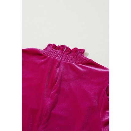 Rose Red Smocked Mock Neck Ruffled Puff Sleeve Velvet Mini Dress