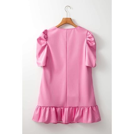 Sachet Pink Pleather Bubble Short Sleeve V Neck Ruffled Hem Mini Dress