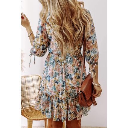 Sky Blue Floral 3/4 Sleeve V Neck High Waist Ruffled Dress