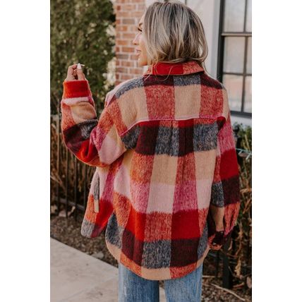 Orange Plaid Print Flap Pockets Buttoned Casual Plus Size Jacket
