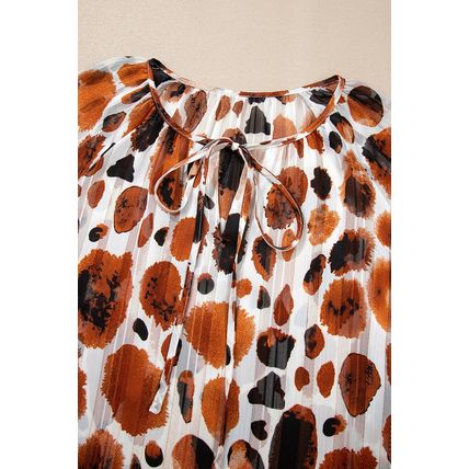 Brown Metallic Threading Accents Pleated Abstract Printed Ruffled 3/4 Sleeve Blo