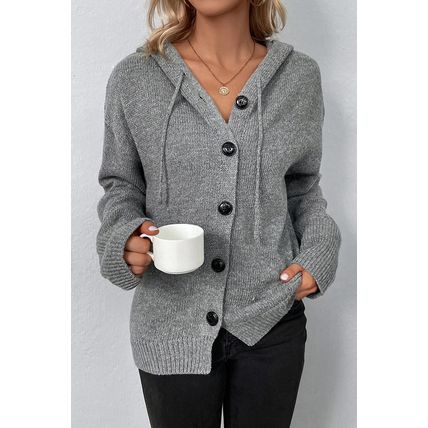 Medium Grey Drawstring Hooded Button Up Drop Shoulder Sweater Cardigan