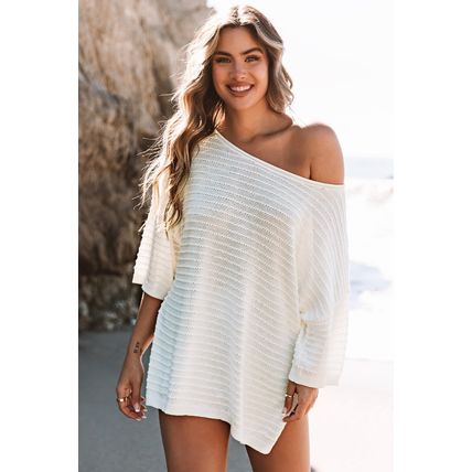 Beige Textured Knit Drop Shoulder Short Sleeve Sweater
