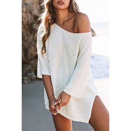 Beige Textured Knit Drop Shoulder Short Sleeve Sweater