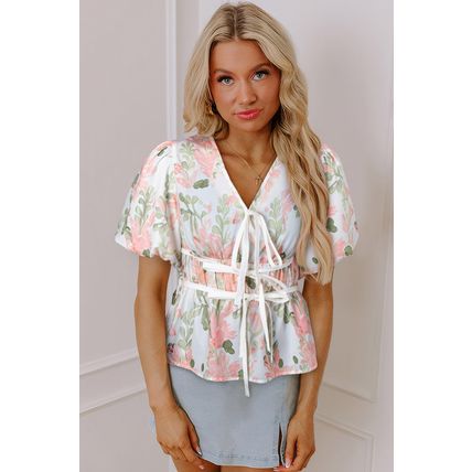 Pink Floral Puff Sleeve V Neck Tied Front Peplum Blouse