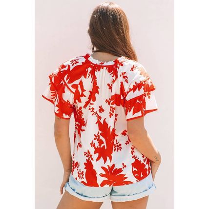 Red Plant Print Tiered Ruffled Sleeve V Neck Blouse