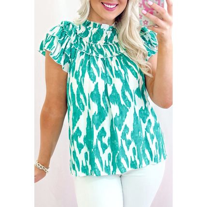 Sky Blue Abstract Print Frilled Crewneck Loose Fit Blouse