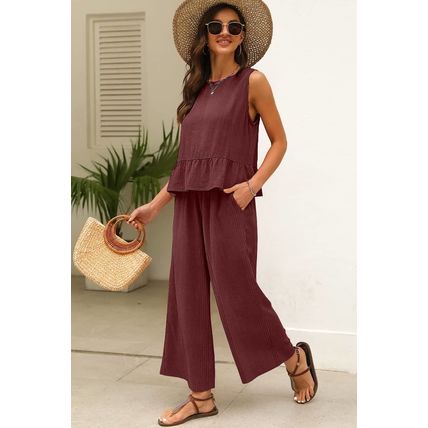 Red Dahlia Solid Color Ribbed Ruffle Tank Top and Pants Set