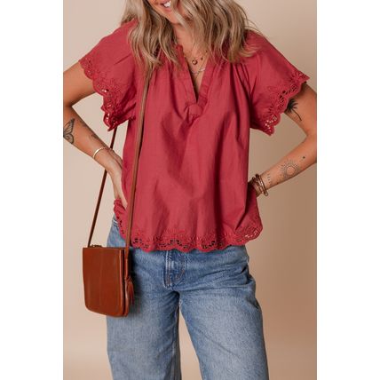 Red Dahlia Floral Embroidered Scallop Trim Short Sleeve V Neck Blouse