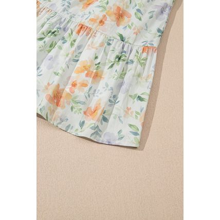 Beige Floral Print Shirred High Waist Puff Sleeve Mini Dress