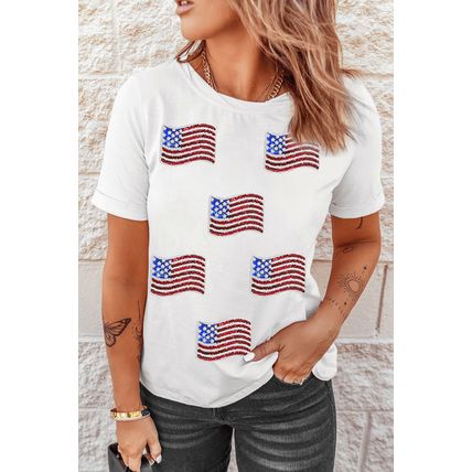 White Sequin American Flag Patched Casual T Shirt