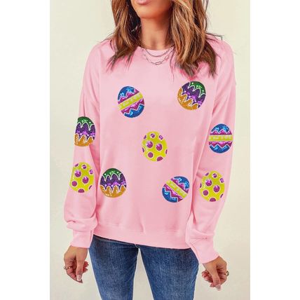 Pink Easter Egg Patched Graphic Drop Shoulder Pullover Sweatshirt