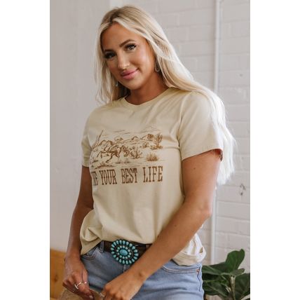 Beige LIVE YOUR BEST LIFE Crew Neck Western Graphic Tee