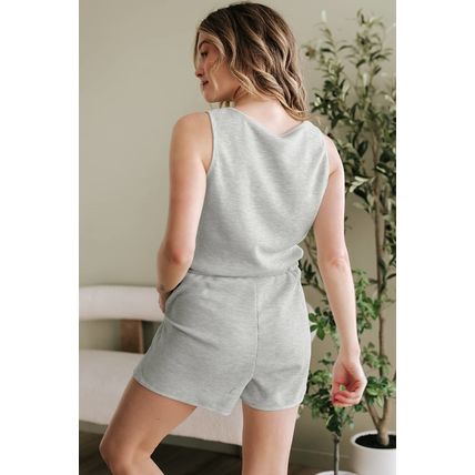 Light Grey Waffle Knit Sleeveless Buttoned Front Drawstring Waist Romper