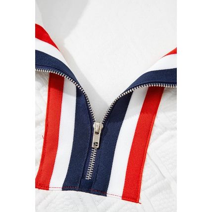White Textured Jacquard Colorblock Edge Puff Sleeve Quarter Zip Mini Dress