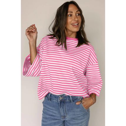 Pink Stripe Bowknot Cutout Back Drop Shoulder Wide Bracelet Sleeve Loose Tee