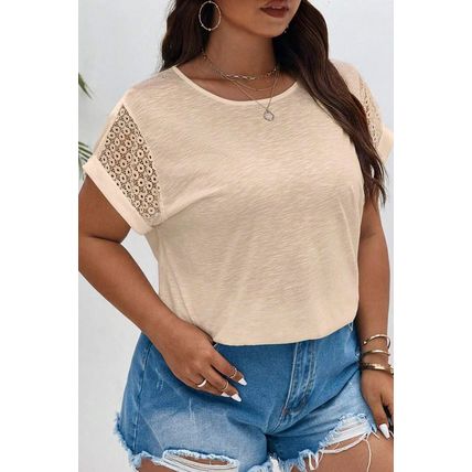 Parchment Lace Patchwork Short Sleeve Round Neck Plus Size Summer Top