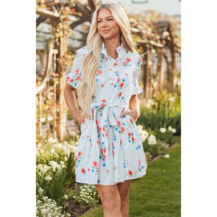 Sky Blue Stripe Floral Pattern Ruffle Short Sleeve Belted Mini Dress