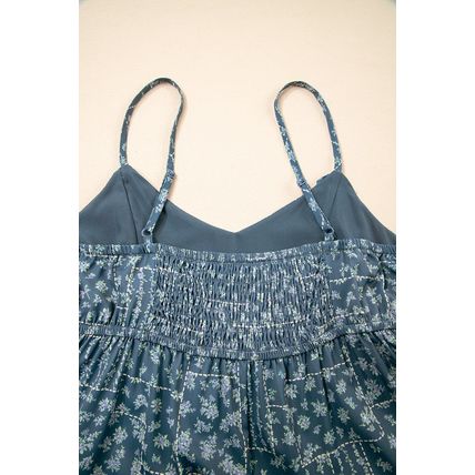 Blue Spaghetti Straps Floral Print Knot Detail High Waist Flared Dress
