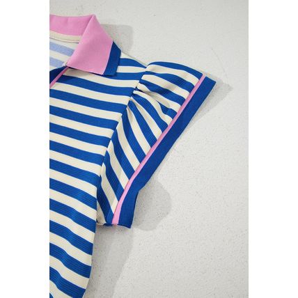 Dark Blue Stripe Print Contrast Collar Split Neck Flutter Sleeve Short Dress