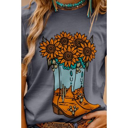 Gray Sunflower Cowgirl Boots Print Western Fashion T Shirt