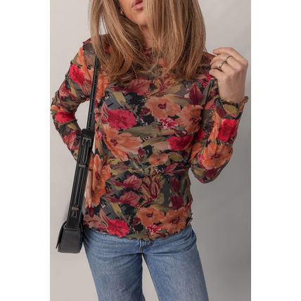 Multicolour Floral Print Lettuce Trim Long Sleeve Mesh Top