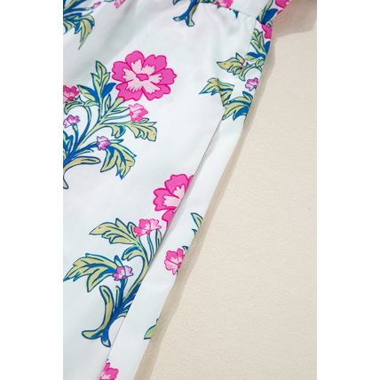 White Allover Print Contrast Split Neckline Short Puff Sleeve Curvy Dress