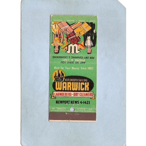 Rhode Island Warwick Matchcover Warwick Cleaners Launderers 127-24th St w/~1182