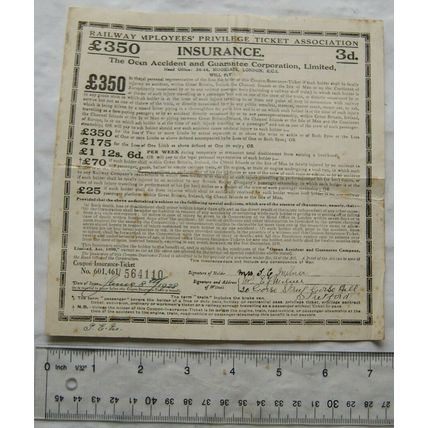 1928 Railway Employees' Privilege Ticket Association Insurance £350 Milner