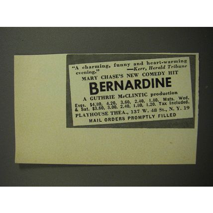 1952 Bernardine Play Ad - A charming, funny and heart-warming evening