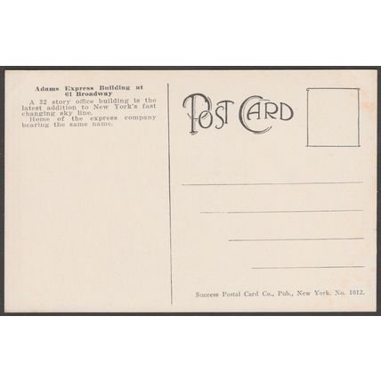 Adams Express Building, New York City, c.1910 - Success Postal Card Co Postcard