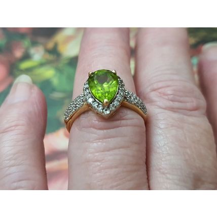 2.5ct Hebei Peridot Zircon Pear Halo Ring Size O 14k Gold Over 925 Solid Silver