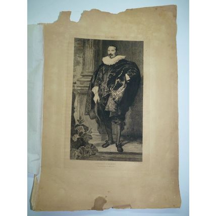 Antique 18C Van Dyck Woodcut Print Portrait D'Homme Munich A.Quantin 30 x 18.5cm