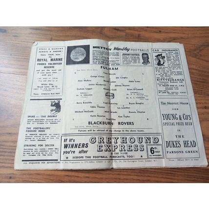 1961/62 Fulham vs Blackburn - FA Cup Querter Final, 10/3/1962 ** FREE P&P **