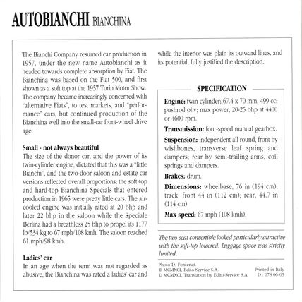 Collectors Club card. Classic Cars. Autobianchi Bianchina