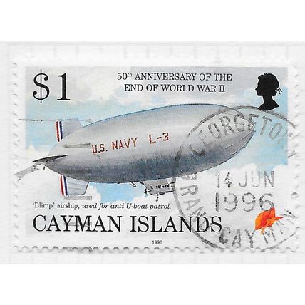 CAYMAN ISLANDS 1995 QE2 END OF WAR AIR BLIMP U-BOAT PATROL NAVY MILITARY $1 USED