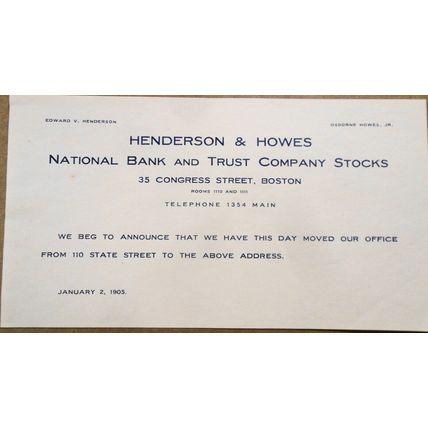 1905 Henderson & Howes, National Bank stocks - Notice of relocation Boston, MA.