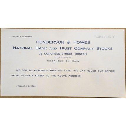 1905 Henderson & Howes, National Bank stocks - Notice of relocation Boston, MA.