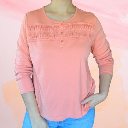 Blair Women's XL Salmon Pink Long Sleeve Blouse Detailed Collar Cotton Blend