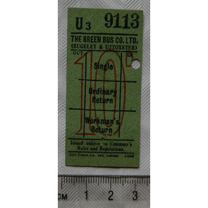 Vintage: ticket The Green Bus Service 10d Rugeley & Uttoxeter