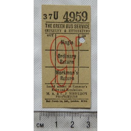 Vintage: ticket The Green Bus Service 9d Rugeley & Uttoxeter